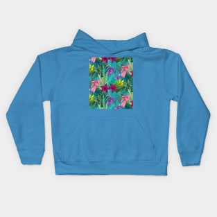 Elegant tropical flowers and leaves pattern purple illustration, blue tropical pattern over a Kids Hoodie